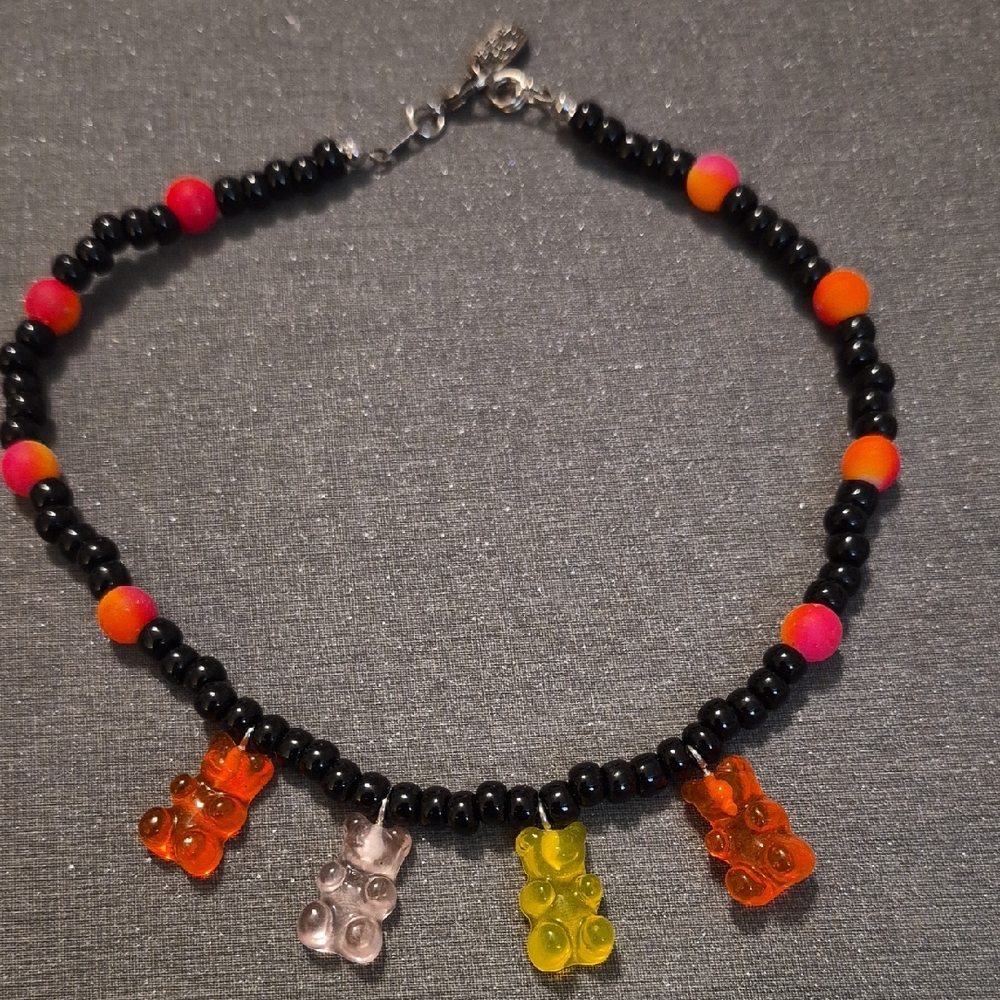Black Beaded Choker with Neon Accent Beads & Gummy Bear Charms